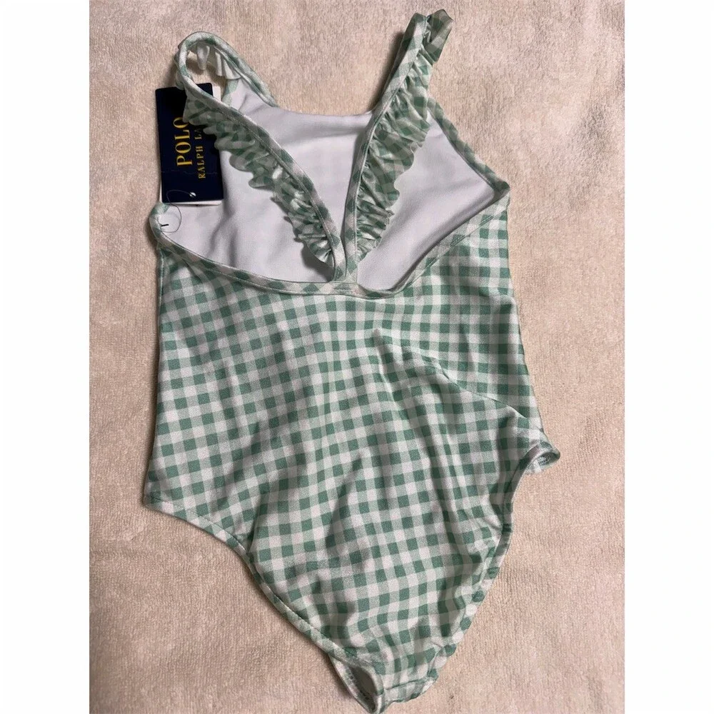 Polo Ralph Lauren Girls One Piece Swimsuit Size 4 Green Gingham Ruffle
